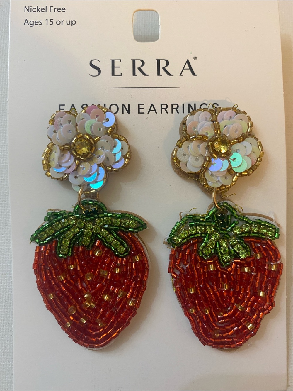 Serra Red Strawberry Drop Earrings with Green Leaves and Iridescent Floral Studs